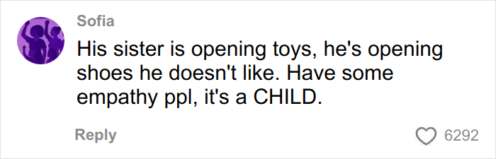 Comment defending a child's reaction to Angel Tree gifts, mentioning empathy and highlighting the child's feelings.