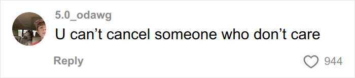 TikTok comment by user 5.0_odawg saying you can't cancel someone who doesn't care, related to racist Cinnabon worker viral tirade. TikTok comment by user 5.0_odawg saying you can't cancel someone who doesn't care, related to racist Cinnabon worker viral tirade.