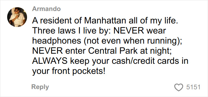 Comment from a Manhattan resident sharing safety tips, highlighting advice related to NYU shove victim and viral video exposure. Comment from a Manhattan resident sharing safety tips, highlighting advice related to NYU shove victim and viral video exposure.