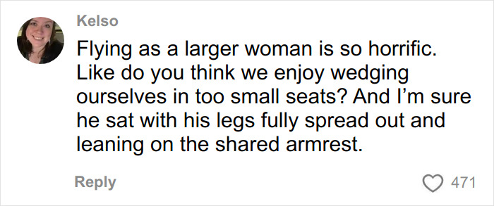 Tweet by Kelso discussing the challenges of flying as a larger woman and dealing with small airplane seats. Tweet by Kelso discussing the challenges of flying as a larger woman and dealing with small airplane seats.