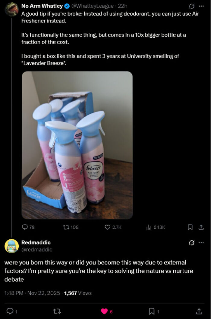 Twitter post showing a witty burn about using air freshener as deodorant, an example of epic burns 2025.