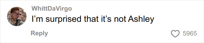 Comment saying I'm surprised that it's not Ashley by user WhittDaVirgo with 5965 likes on social media post about Gen Z naming rude millennial women.