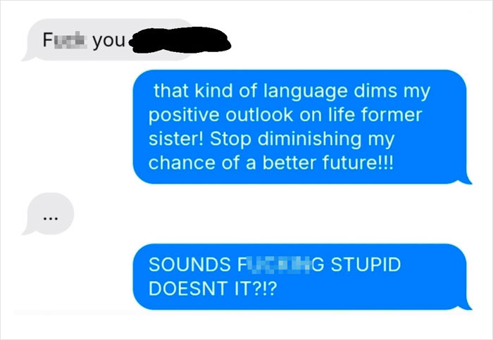 Text message exchange showing a heated argument linked to sister’s barefoot spiritual advisor causing comical chaos at Thanksgiving.