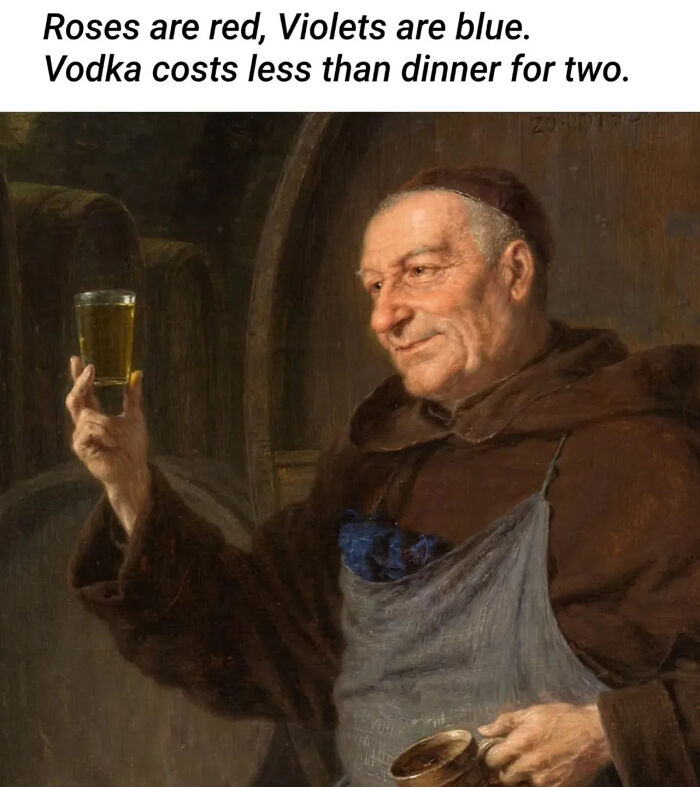 Classical painting of a monk holding a glass, humorously captioned in clever classical paintings by Instagram creator.