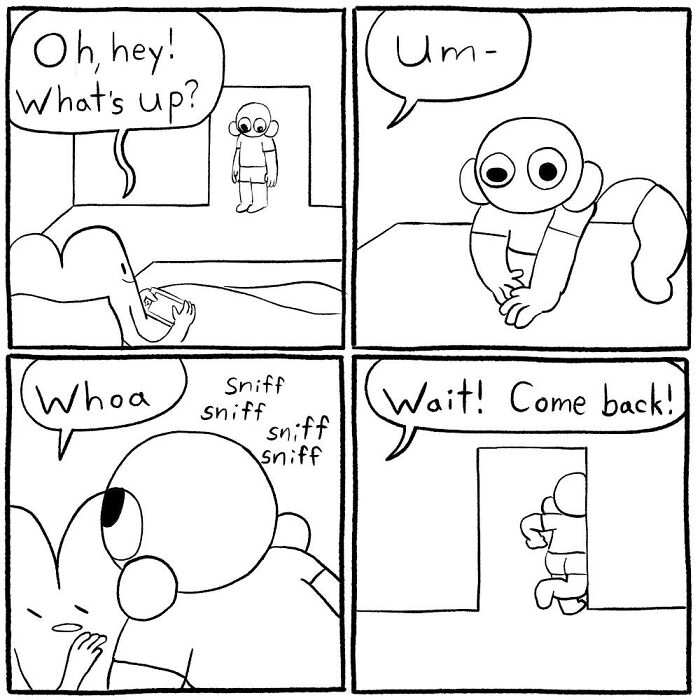 Black and white comic panels by Cyelatm showing awkward and relatable social interaction between two characters.