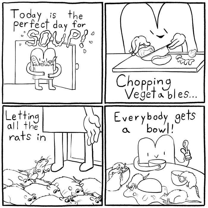 Black and white comic panels with a character preparing soup, chopping vegetables, and feeding rats in a relatable comic style.