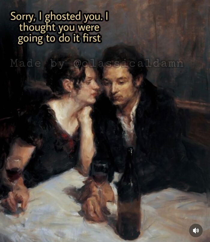 Classical painting of a couple at a table with wine, cleverly captioned by a popular Instagram creator.