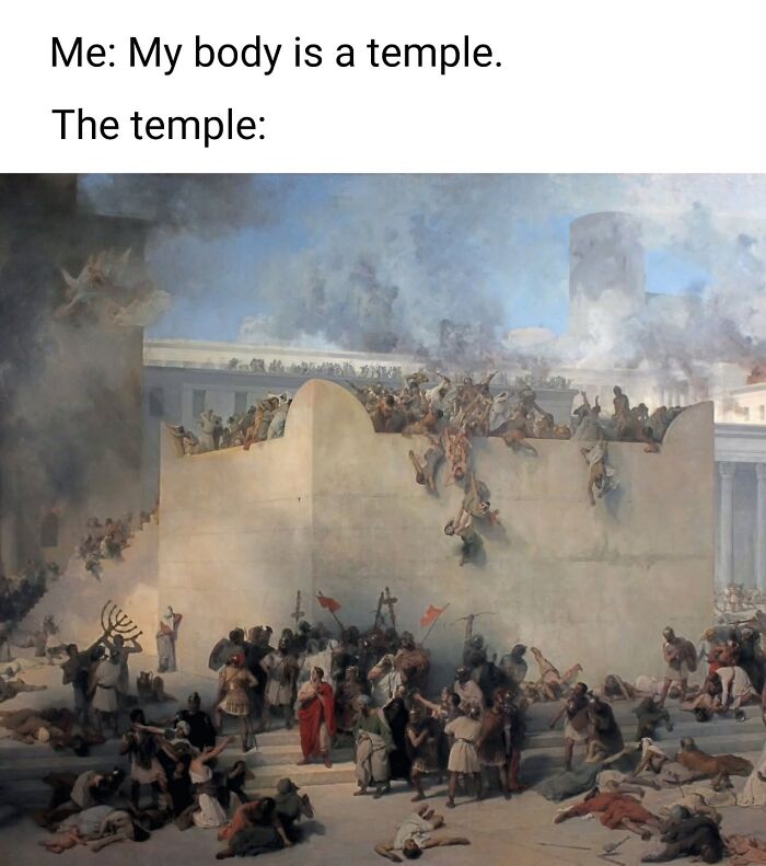 Classical painting humorously captioned showing chaos at a temple, part of classical paintings cleverly captioned by Instagram creator.
