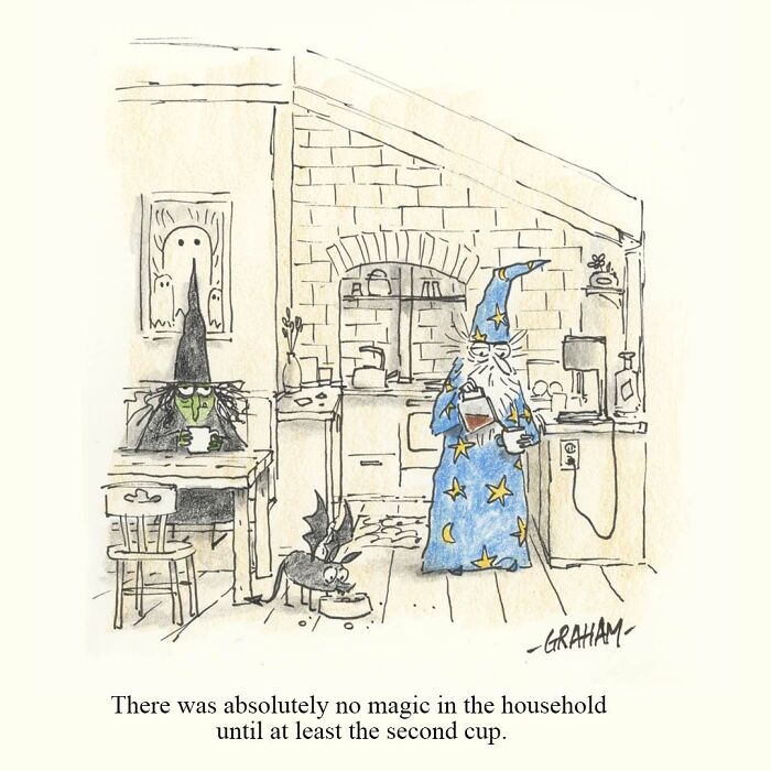 One panel comic by Graham Annable showing a wizard and witch in a kitchen, playing on magic and humor themes.