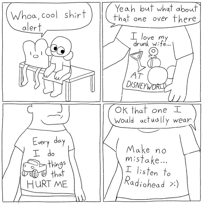Black and white comic by Cyelatm featuring humorous T-shirts with relatable messages about daily struggles.