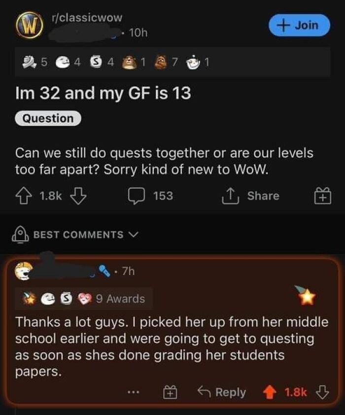 Reddit post from classicwow subreddit with a humorous WoW questing question and a funny comment response.