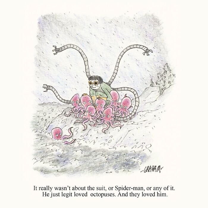 Graham Annable one panel comic featuring a person with robotic arms surrounded by affectionate octopuses in rain.
