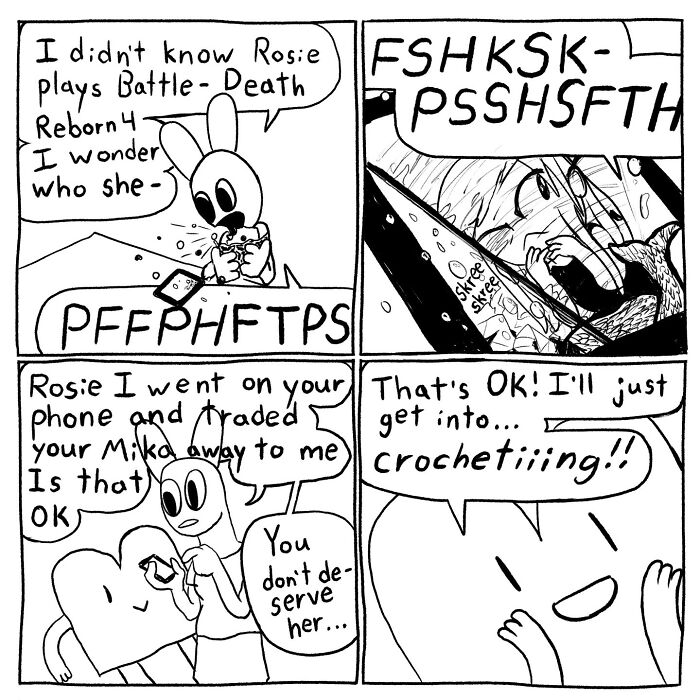 Black and white comic strip by Cyelatm featuring relatable awkward social interactions and quirky humor moments.