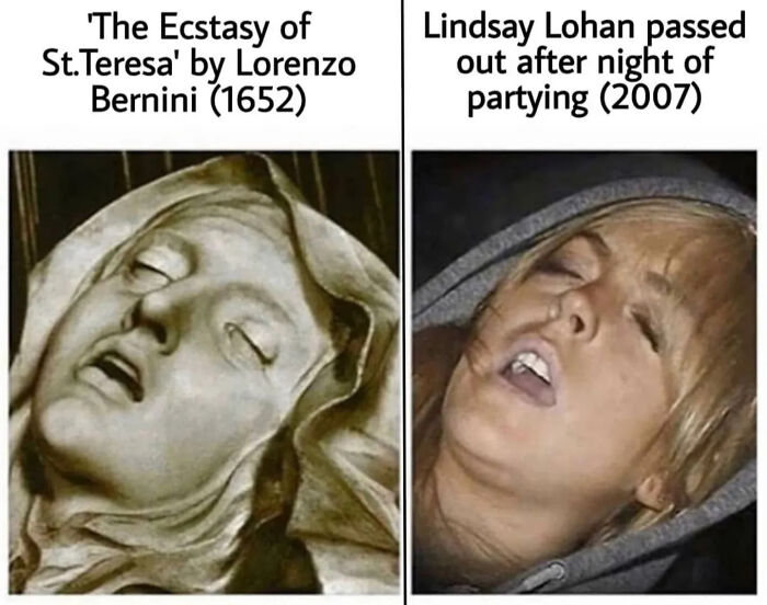 Side-by-side comparison of a classical painting 'The E*****y of St. Teresa' and a photo of Lindsay Lohan asleep after partying.