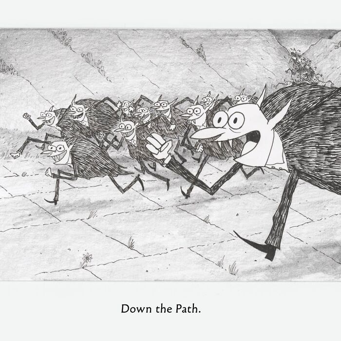 Black and white Graham Annable one panel comic showing strange creatures running down a path in an unexpected scene.