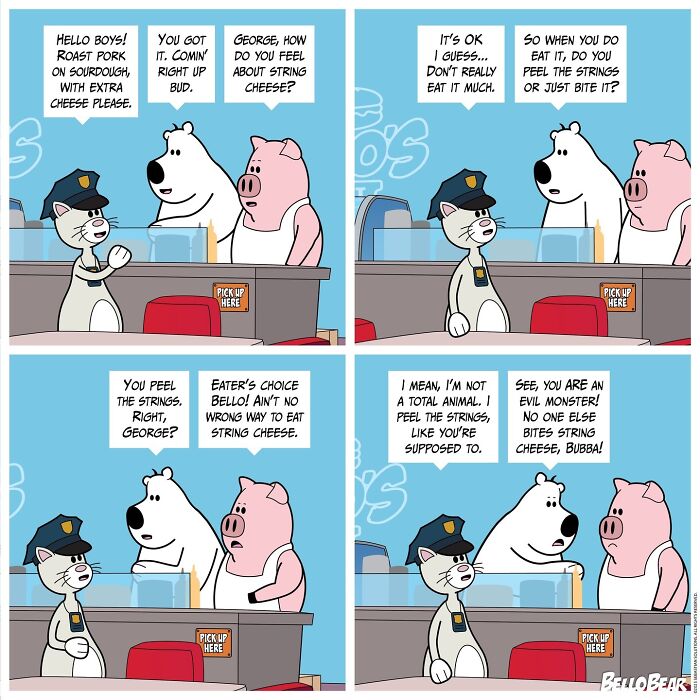 Comic strip by Bello Bear featuring a bear, pig, and cat discussing how to eat string cheese humorously.