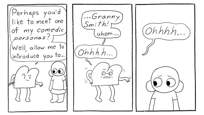 Comic strip by Cyelatm showing a character introducing a comedic persona called Granny Smith, feeling uncomfortably relatable.
