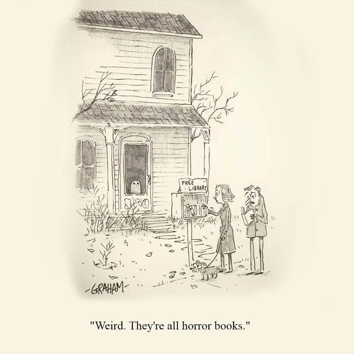 One panel comic by Graham Annable featuring a couple discovering a free library with only horror books outdoors.