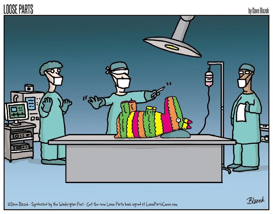 Hospital-themed cartoon showing surgeons preparing to operate on a colorful piñata on the operating table