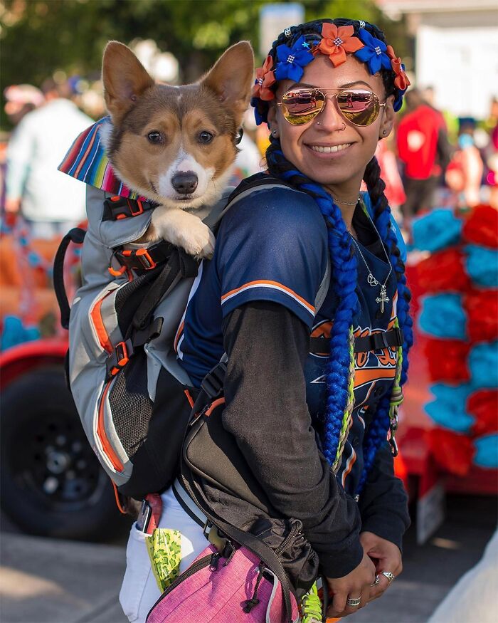 Woman with blue braided hair wearing sunglasses carrying a dog in a backpack during city adventures with dogs in backpacks.