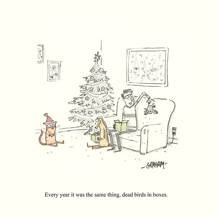 One panel comic by Graham Annable showing a man holding a dead bird by the Christmas tree with surprised pets nearby.