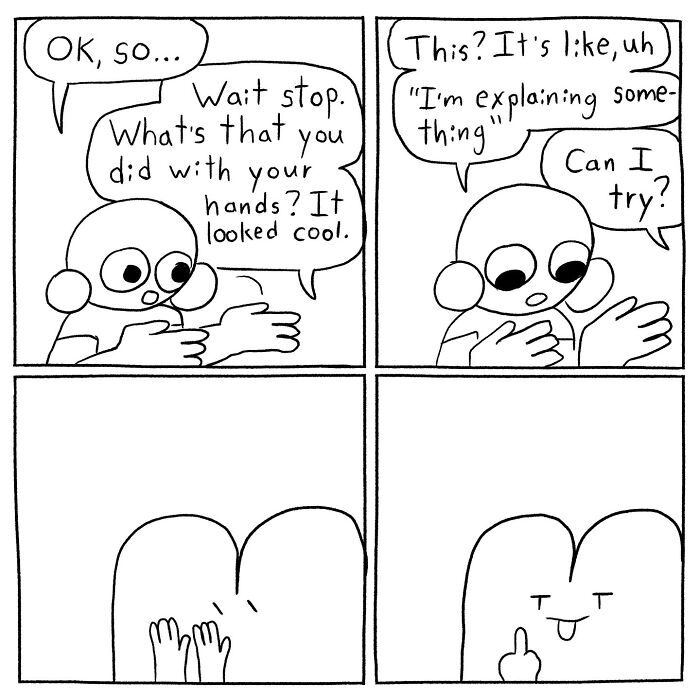 Hand-drawn comic panels by Cyelatm showing a character awkwardly explaining a hand gesture, reflecting relatable humor.