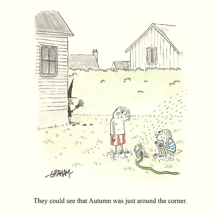 One panel comic by Graham Annable showing children playing outside with a hidden witch, blending normal and unexpected themes.