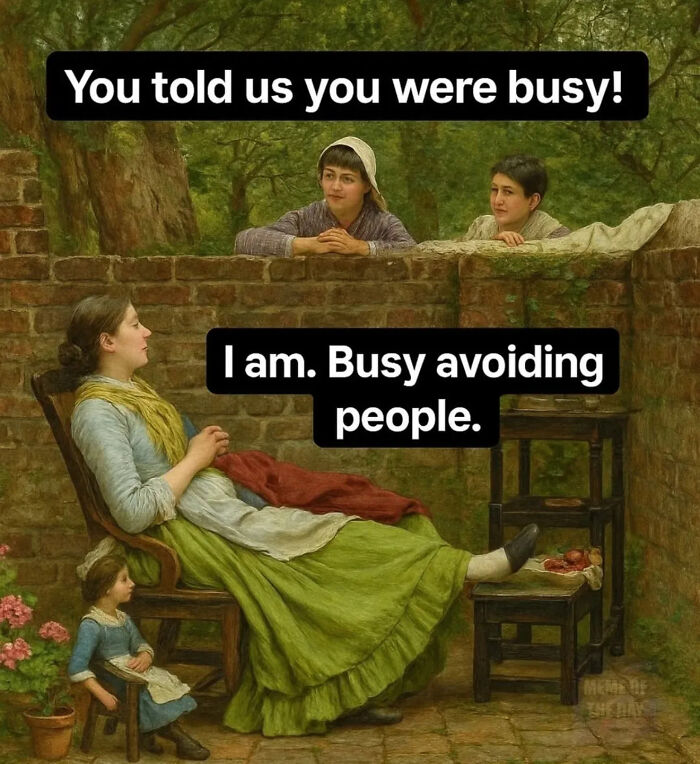 Classical painting cleverly captioned with humorous dialogue about avoiding people, shared by a popular Instagram creator.