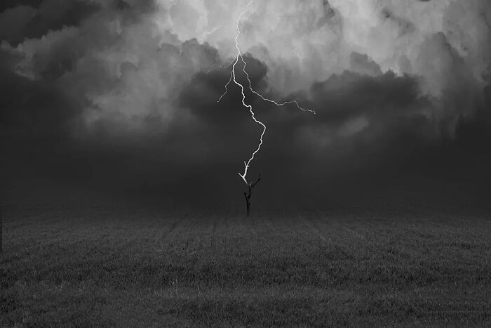 Minimalism photography capturing a dramatic lightning strike hitting a lone tree in a vast, dark field under stormy clouds.