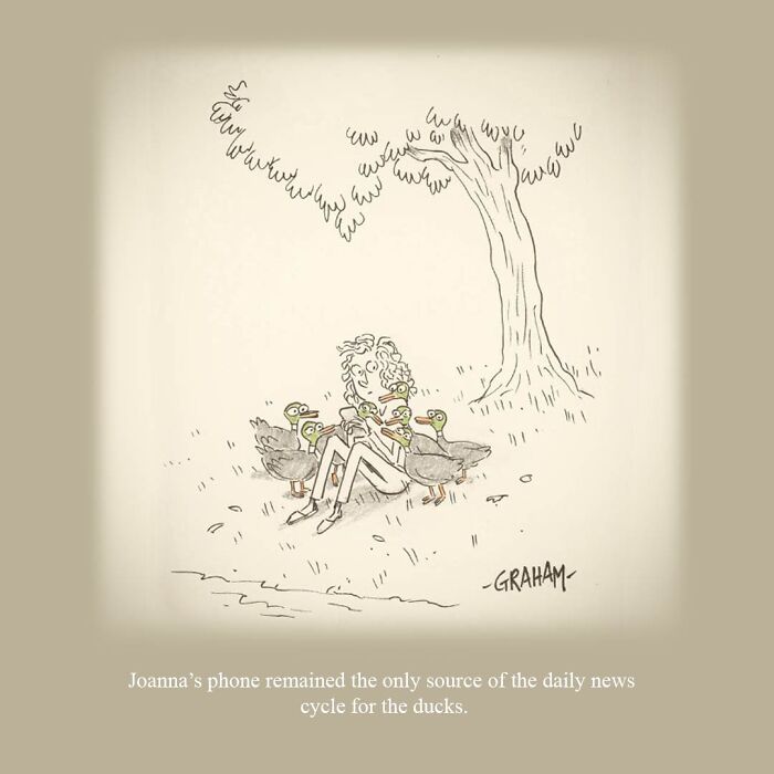 One panel comic by Graham Annable shows a person surrounded by ducks in a humorous unexpected scene.