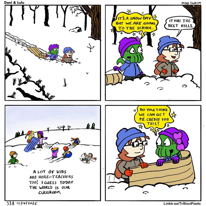Dani and Lulu comic by Mike Swaim showing characters enjoying a snowy day and discussing school and P.E. credit.