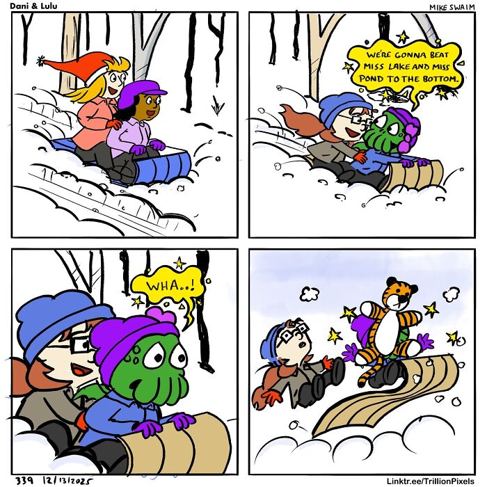 Two Dani & Lulu characters sledding down a snowy hill, featuring playful winter fun and comic-style illustrations.