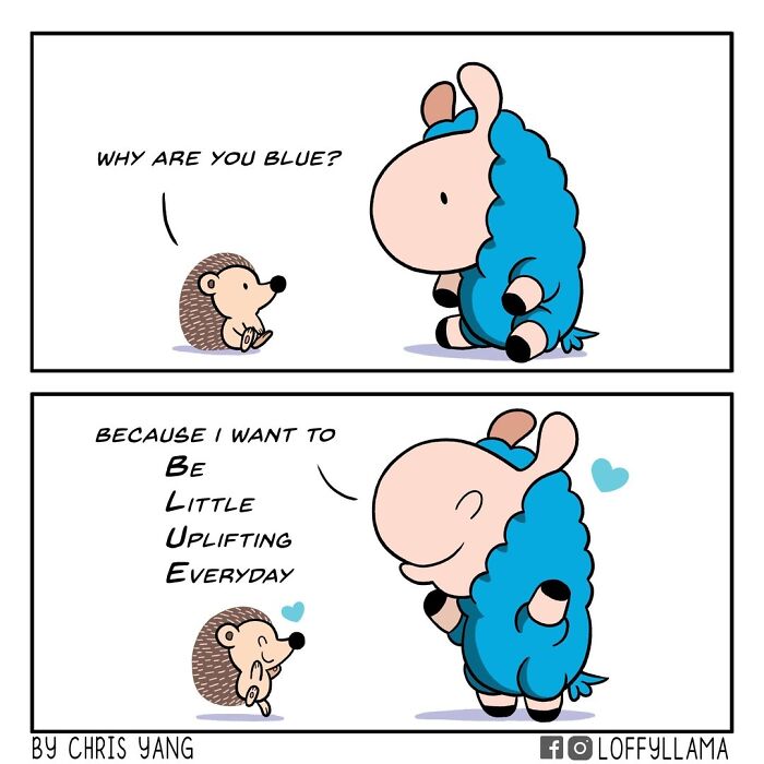 A cute comic featuring a llama and a hedgehog showing their wholesome friendship and uplifting moments.