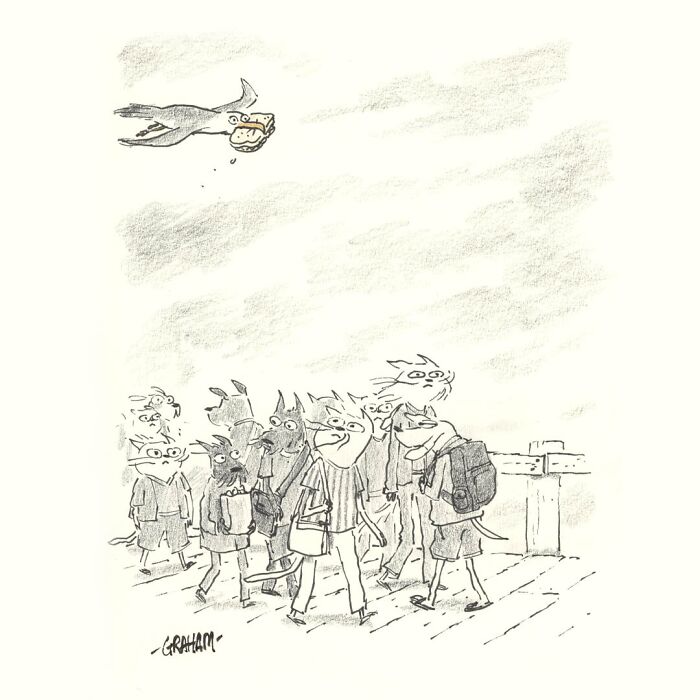 Graham Annable one panel comic of animals walking on a pier while a bird flies overhead with a sandwich.