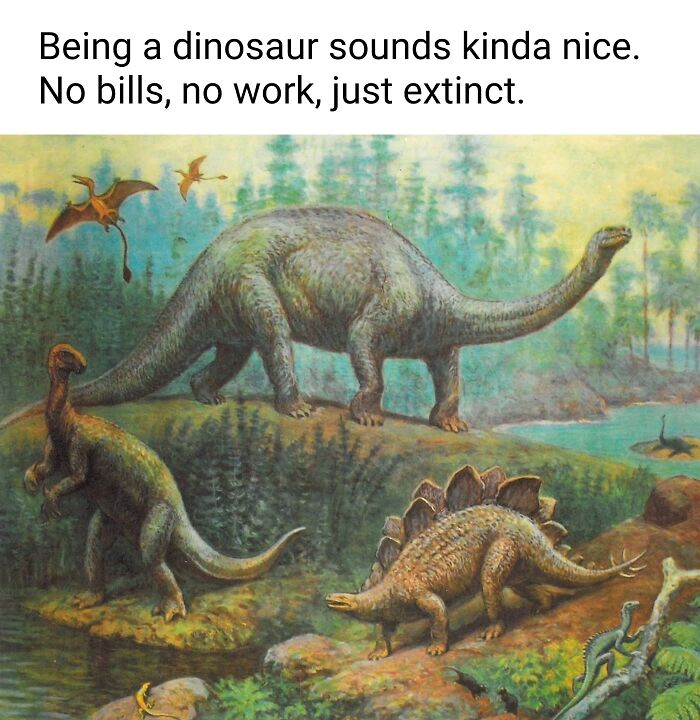 Classic dinosaur painting humorously captioned, showcasing clever captions on classical paintings by a beloved Instagram creator.