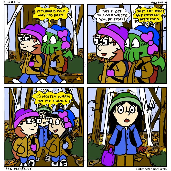 Dani and Lulu comic strip with characters discussing cold weather and unusual origins in a colorful forest setting.