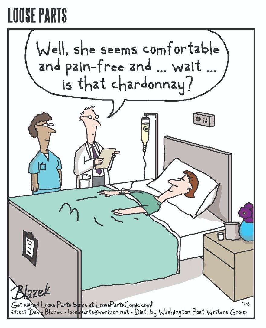 Cartoon showing a doctor and nurse by a hospital bed with a patient, featuring humorous hospital-themed cartoon dialogue.