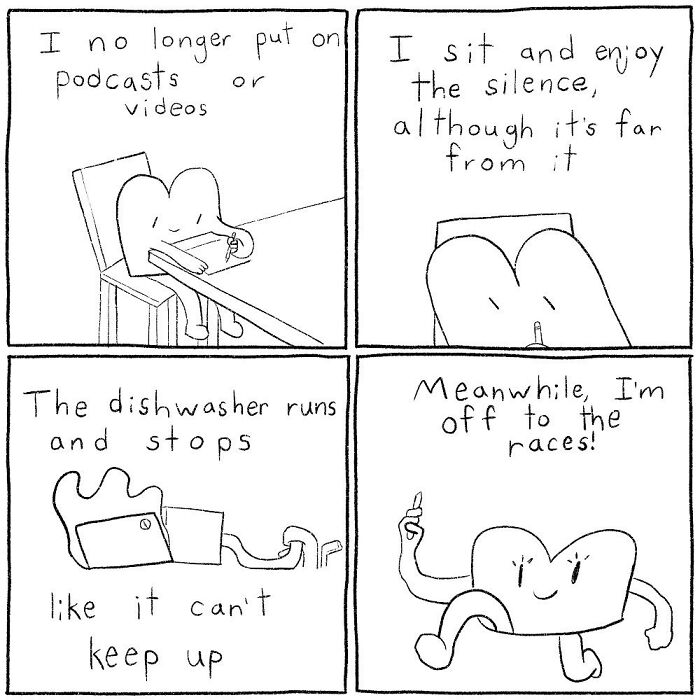 Minimalist comic by Cyelatm showing relatable feelings of silence, distractions, and sudden bursts of energy in daily life.