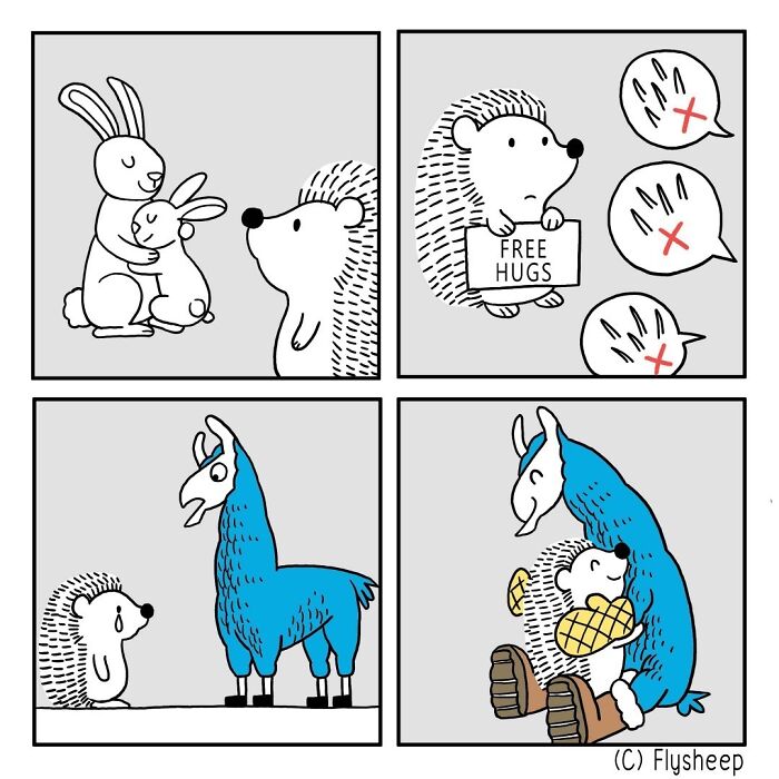 Cute wholesome comic featuring a llama and a hedgehog showing friendship with hugs and kindness.