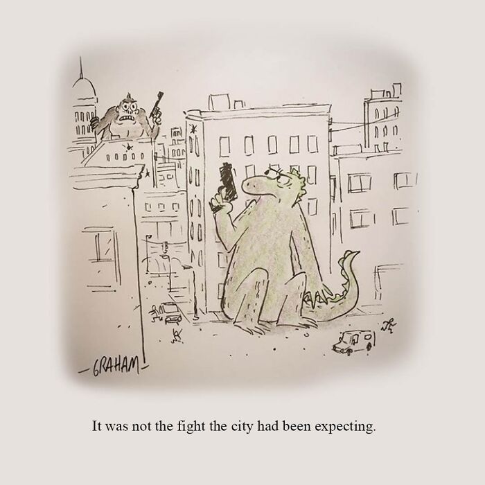 Cartoon from Graham Annable one panel comics showing two monsters in a city holding guns, ready for an unexpected fight.