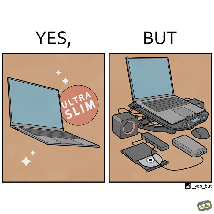 Funny yes but comic showing a slim laptop vs the same laptop with many bulky accessories attached.
