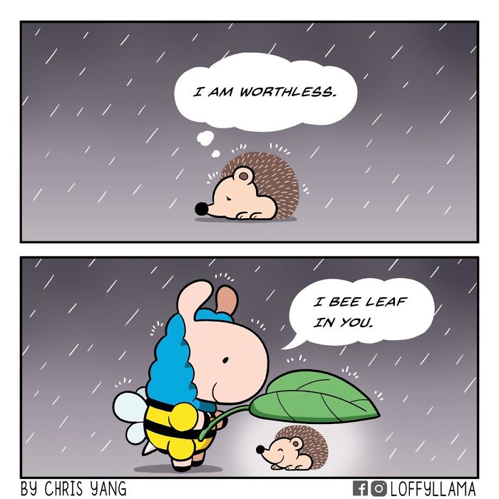 Hedgehog feeling worthless in rain, cheered up by llama in a bee costume offering a leaf for shelter in wholesome comic.