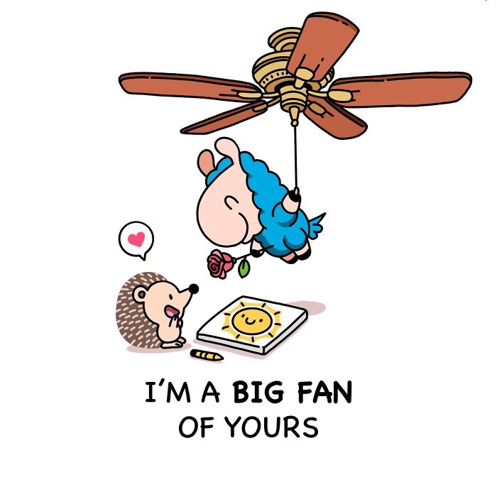 Cartoon llama hanging from ceiling fan offering rose to happy hedgehog, showcasing friendship in wholesome comics.