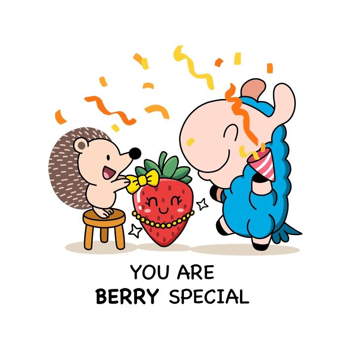 Hedgehog and llama characters celebrating with a decorated strawberry in a wholesome friendship comic by Chris Yang.