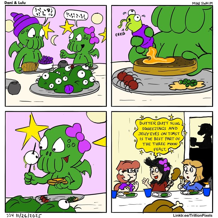 Dani and Lulu characters enjoying a whimsical meal in a colorful comic panel by Mike Swaim.