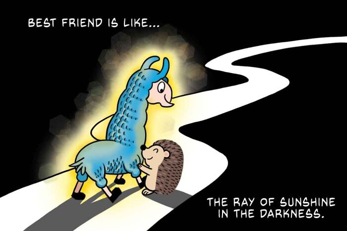 A wholesome comic panel showing a llama and a hedgehog friendship with a glowing light in the dark path.