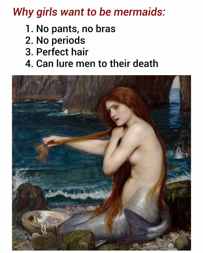 Classical painting of a mermaid captioned with humorous reasons girls want to be mermaids, featured by Instagram creator.