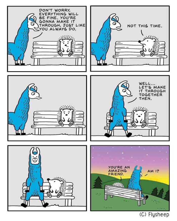 Llama and hedgehog share a heartfelt moment on a bench, highlighting their strong friendship in wholesome comics.