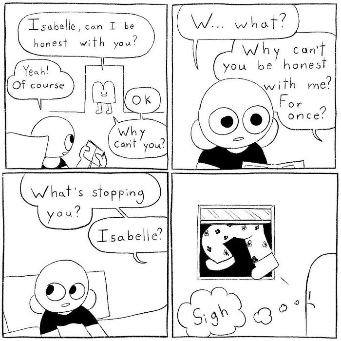 Comic strip by Cyelatm showing a character struggling to get honesty, relatable comic about communication struggles.