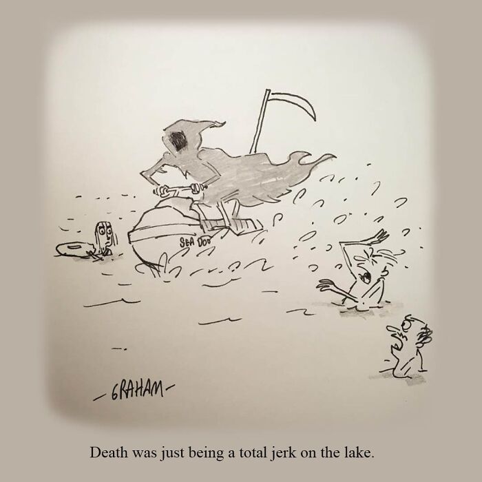 Graham Annable one panel comic showing Death on a jet ski causing chaos on a lake with surprised swimmers nearby.
